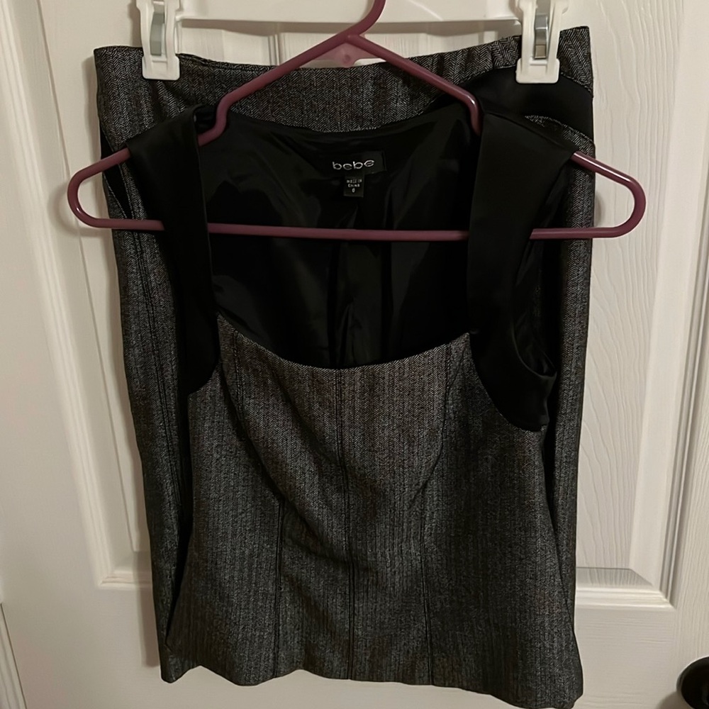 Bebe 2 piece darted skirt and corset-style vest tank. Jacquard black and grey.